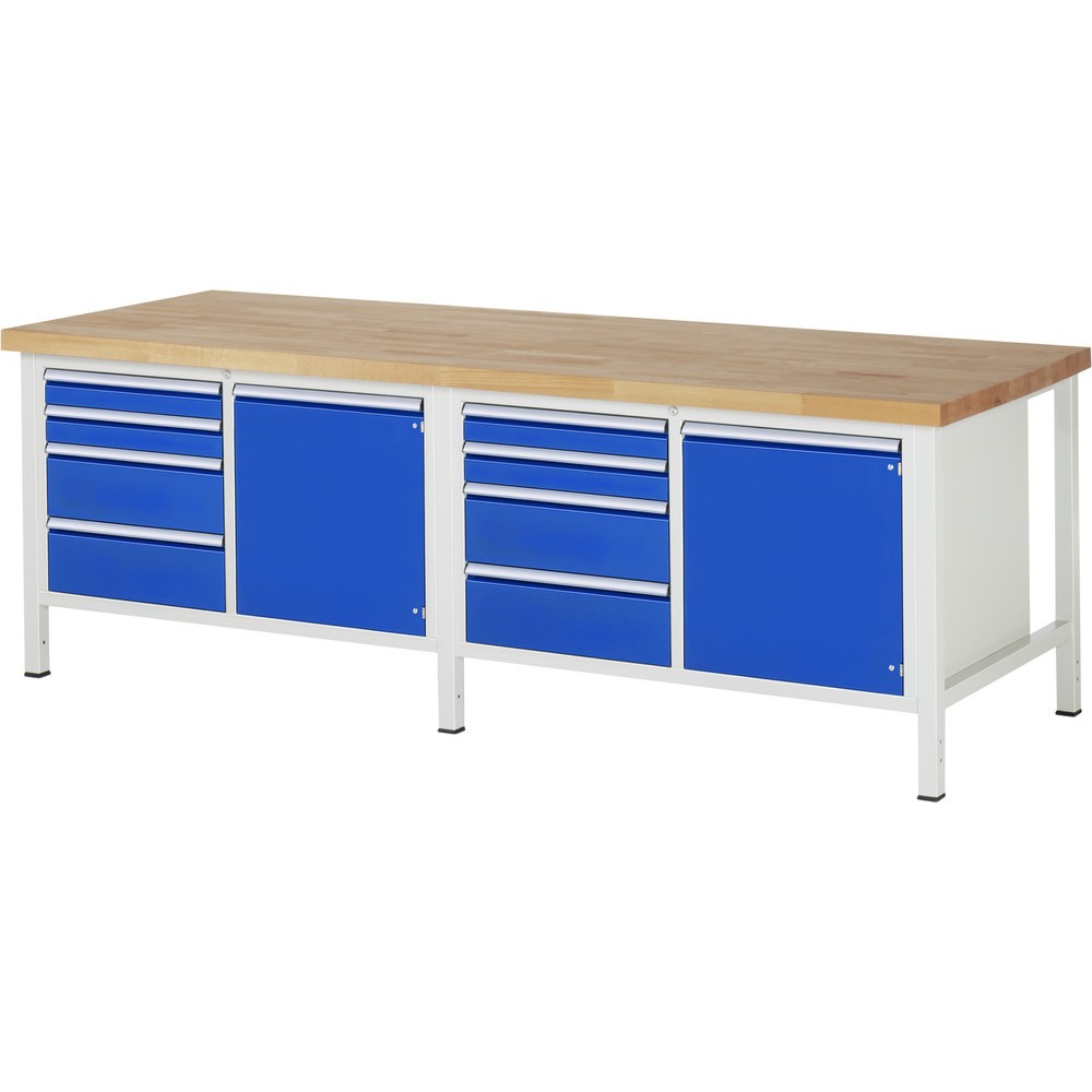 Produktabbildung: RAU Werkbank Serie 8000, 2 Doppel-Container, 2 Flügeltüren, HxBxT 840-1.040 x 2.500 x 900 mm, 8 x 90%-Auszug-Schubladen