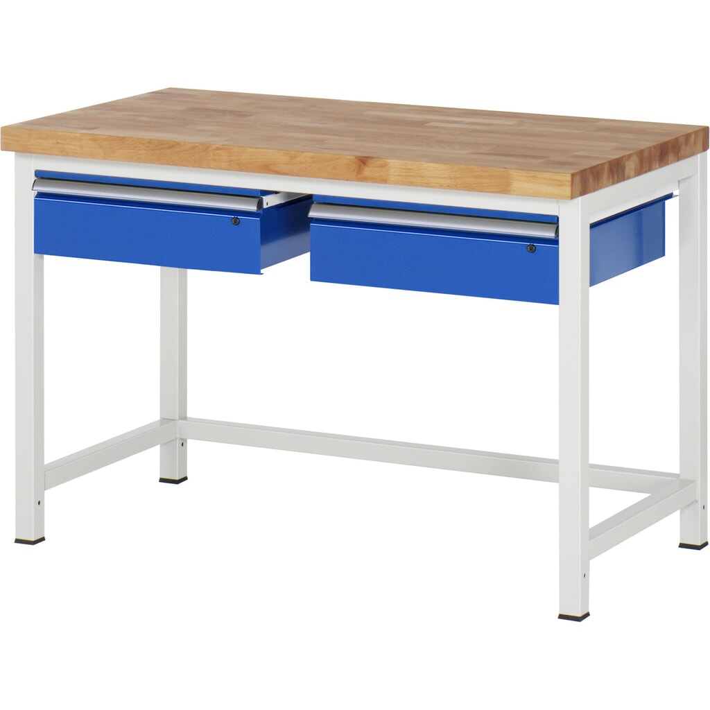 RAU Werkbank Serie 8000, HxBxT 840-1.040 x 1.250 x 700 mm, 2 Schubladen, Schubladen-TK 50 kg Produktabbildung: RAU Werkbank Serie 8000, HxBxT 840-1.040 x 1.250 x 700 mm, 2 Schubladen, Schubladen-TK 50 kg