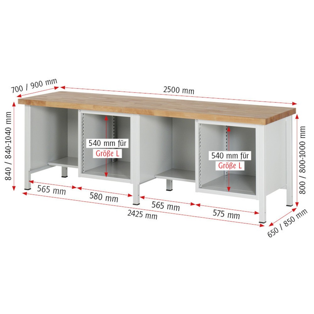 Produktabbildung Nr. 4: RAU Werkbank Serie 8000, 2 Container, HxBxT 840 x 2.500 x 700 mm, 4 x 90%-Auszug-Schubladen