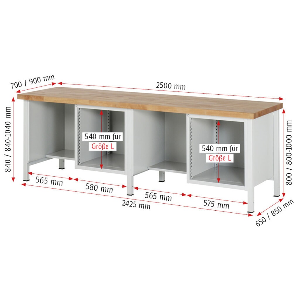 Produktabbildung Nr. 7: RAU Werkbank Serie 8000, 2 Container, HxBxT 840-1.040 x 2.500 x 700 mm, 8 x 90%-Auszug-Schubladen