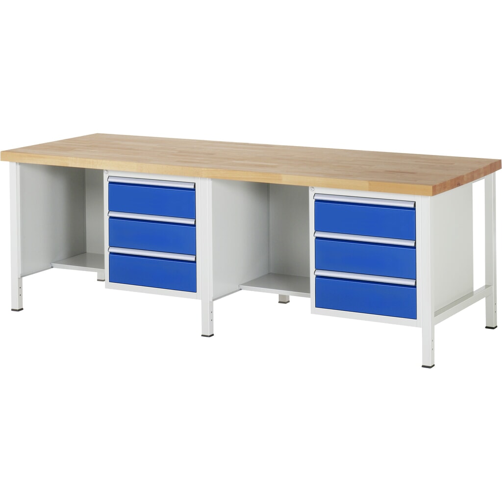 Produktabbildung: RAU Werkbank Serie 8000, 2 Container, 1 Ablageboden, HxBxT 840-1.040 x 2.500 x 900 mm, 6 x 90%-Auszug-Schubladen