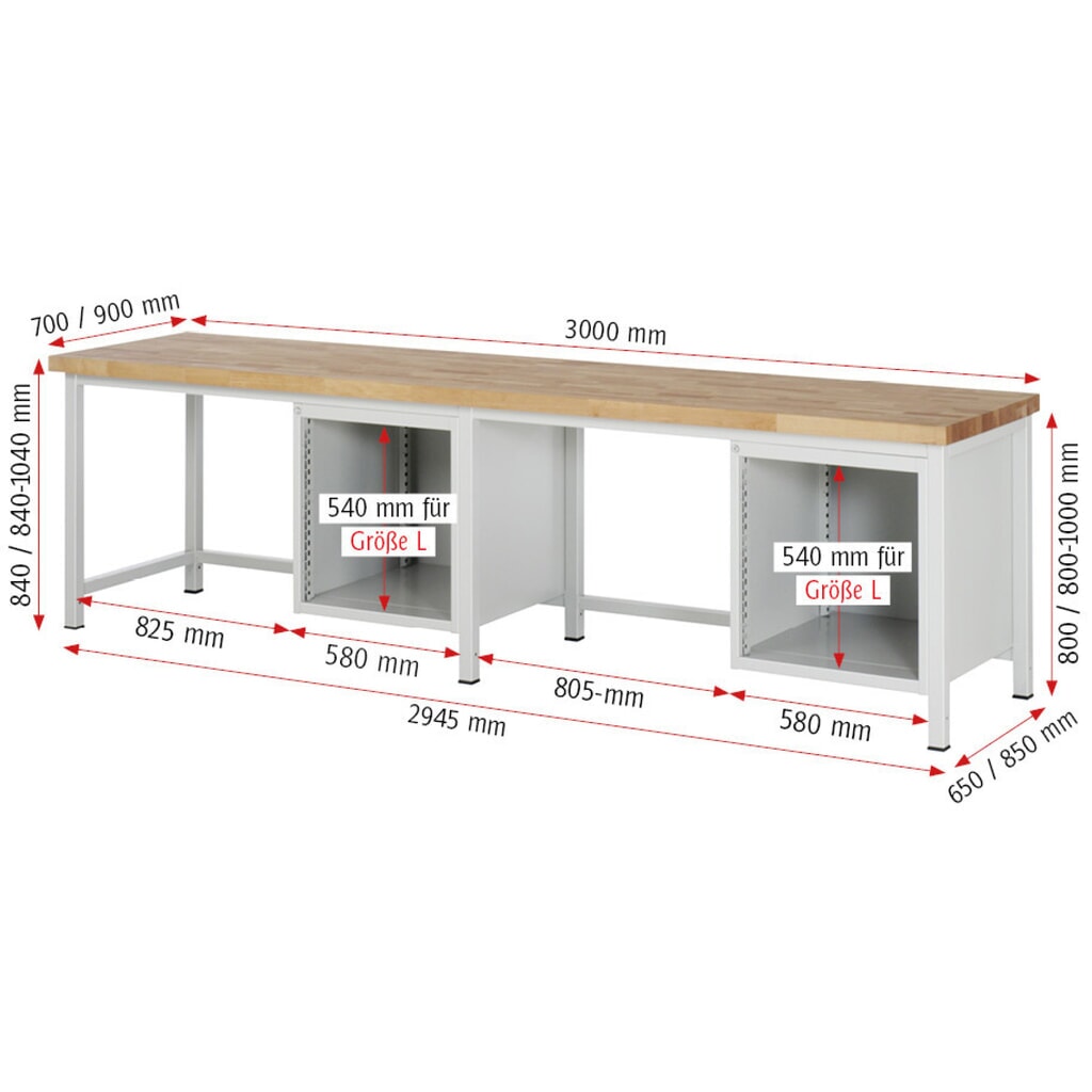 Produktabbildung Nr. 5: RAU Werkbank Serie 8000, 2 Container, HxBxT 840 x 3.000 x 900 mm, 10 x 100%-Auszug-Schubladen 8 x 90, 2 x 180 mm