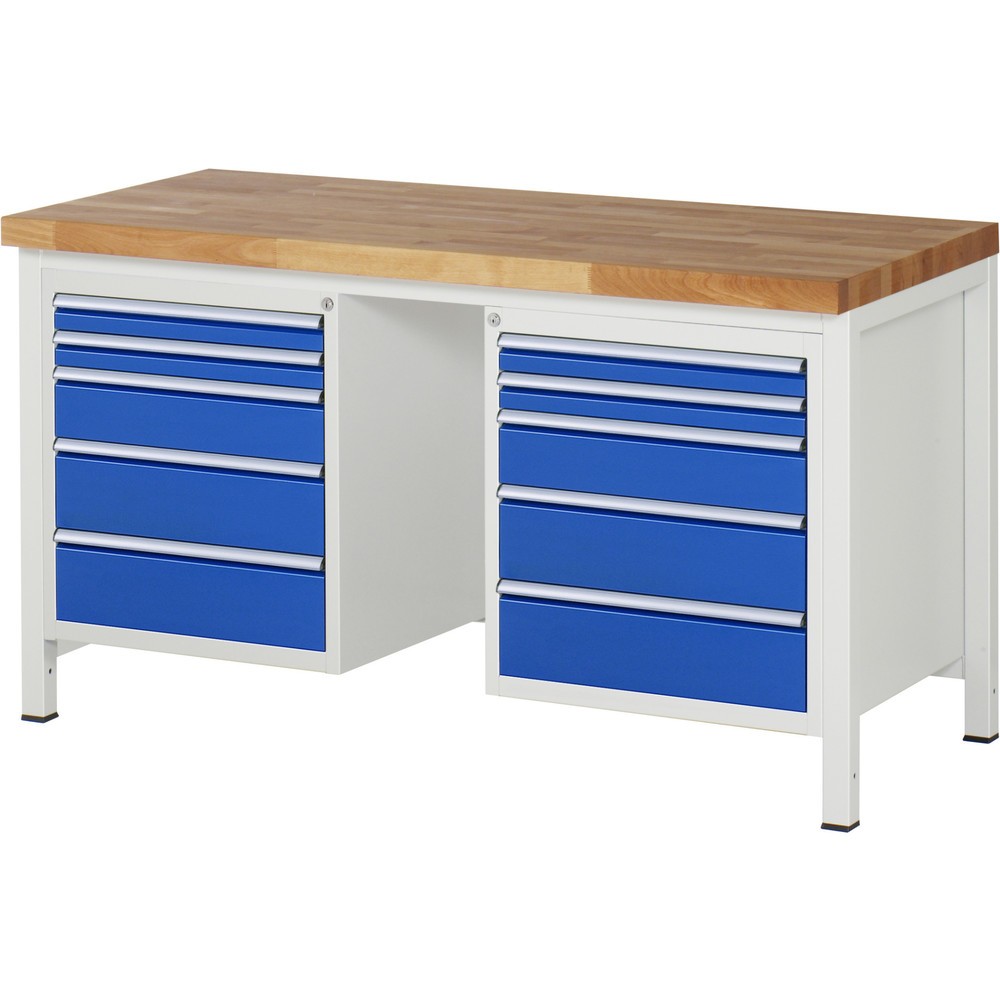 Produktabbildung: RAU Werkbank Serie 8000, 2 Container, HxBxT 840-1.040 x 1.500 x 700 mm, 10 x 90%-Auszug-Schubladen 4 x 60, 2 x 120, 4 x 150 mm