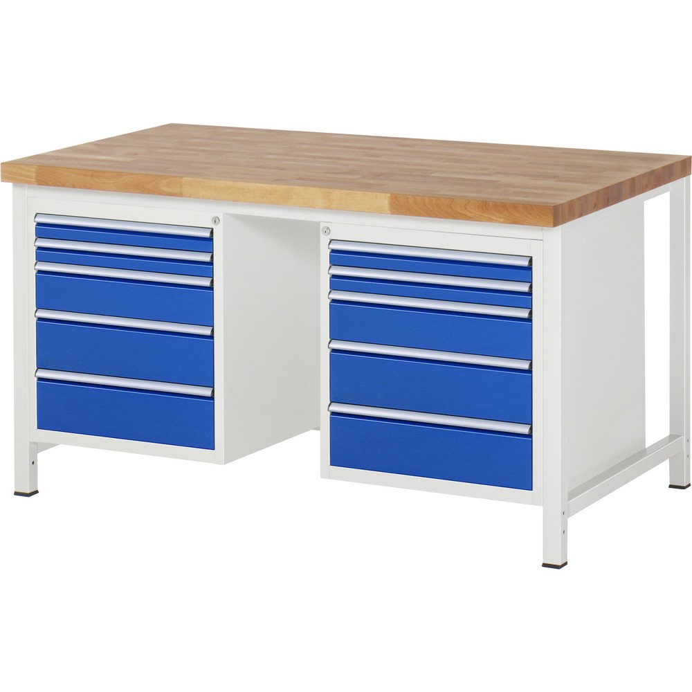Produktabbildung: RAU Werkbank Serie 8000, 2 Container, HxBxT 840-1.040 x 1.500 x 900 mm, 10 x 90%-Auszug-Schubladen 4 x 60, 2 x 120, 4 x 150 mm
