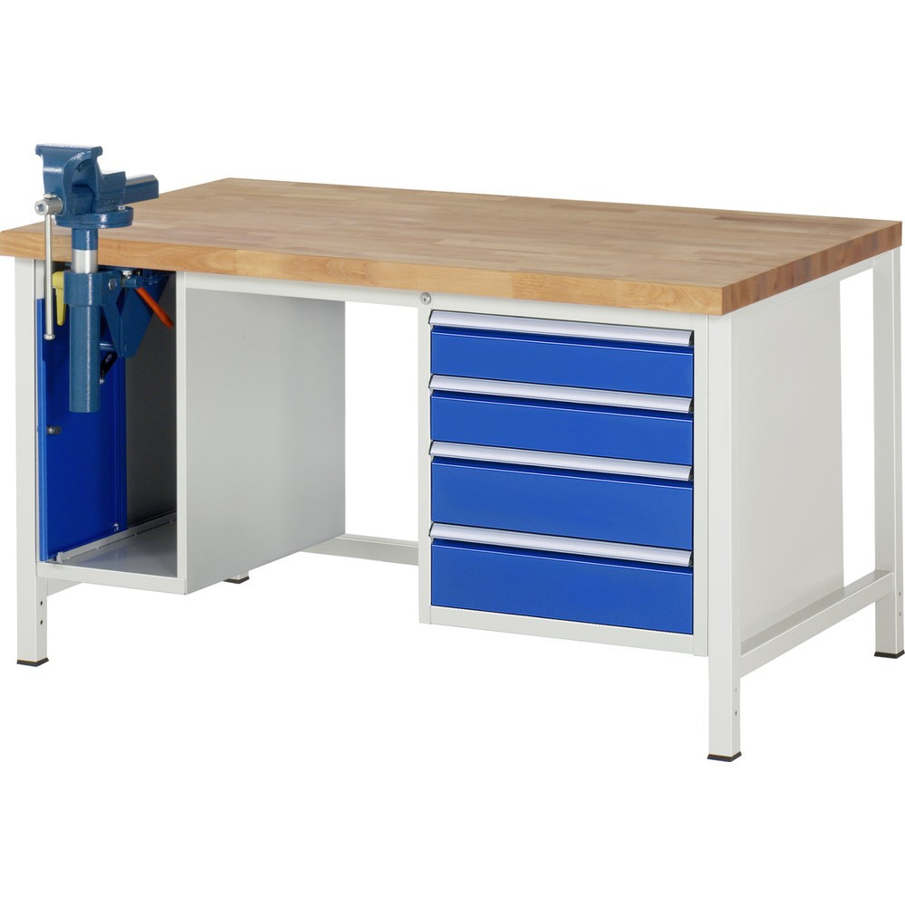 Produktabbildung Nr. 1: RAU Werkbank Serie 8000, 2 Container, HxBxT 840-1.040 x 1.500 x 900 mm, 4 x 90%-Auszug-Schubladen, inkl. Schraubstock