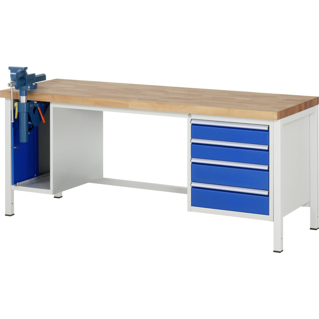 Produktabbildung: RAU Werkbank Serie 8000, 2 Container, HxBxT 840-1.040 x 2.000 x 700 mm, 4 x 90%-Auszug-Schubladen, inkl. Schraubstock