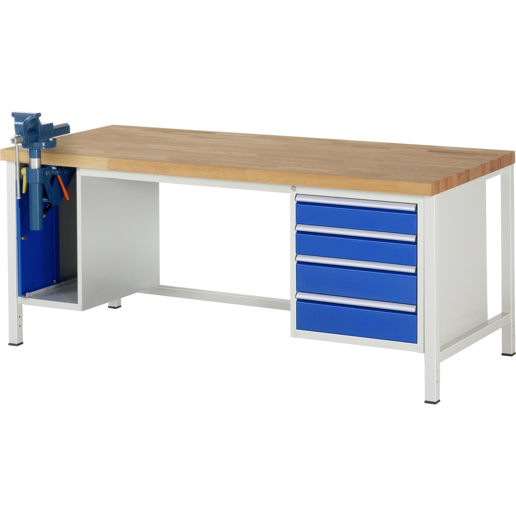 Produktabbildung: RAU Werkbank Serie 8000, 2 Container, HxBxT 840-1.040 x 2.000 x 900 mm, 4 x 100%-Auszug-Schubladen, inkl. Schraubstock