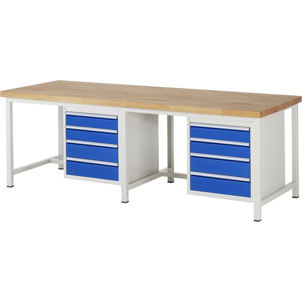 Produktabbildung: RAU Werkbank Serie 8000, 2 Container, HxBxT 840-1.040 x 2.500 x 900 mm, 8 x 90%-Auszug-Schubladen 4 x 120, 4 x 150 mm
