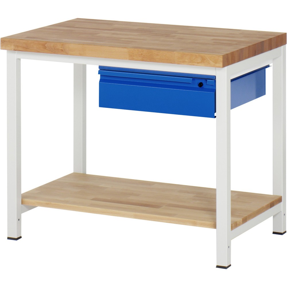 Produktabbildung Nr. 1: RAU Werkbank Serie 8000, Buche-Massiv-Arbeitsplatte, Stärke 40 mm, HxBxT 840-1.040 x 1.000 x 700 mm, 1 Schublade, 1 Ablageboden Tiefe 557 mm