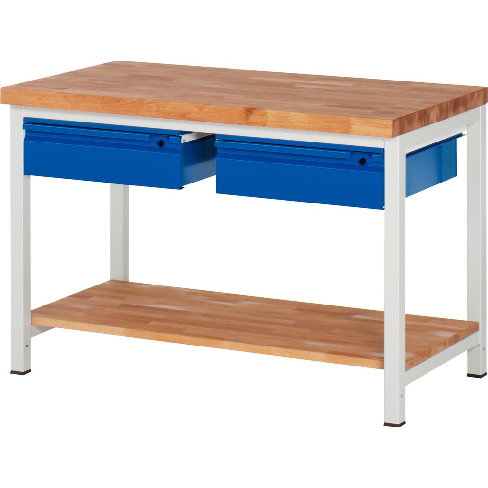 Produktabbildung Nr. 1: RAU Werkbank Serie 8000, Buche-Massiv-Arbeitsplatte, Stärke 40 mm, HxBxT 840-1.040 x 1.250 x 700 mm, 2 Schubladen, 1 Ablageboden Tiefe 557 mm