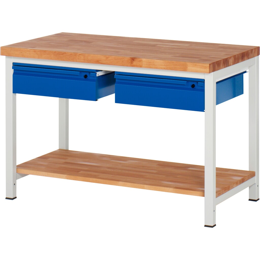 RAU Werkbank Serie 8000, Buche-Massiv-Arbeitsplatte, Stärke 40 mm, HxBxT 840-1.040 x 1.250 x 700 mm, 2 Schubladen, 1 Ablageboden Tiefe 557 mm Produktabbildung: RAU Werkbank Serie 8000, Buche-Massiv-Arbeitsplatte, Stärke 40 mm, HxBxT 840-1.040 x 1.250 x 700 mm, 2 Schubladen, 1 Ablageboden Tiefe 557 mm