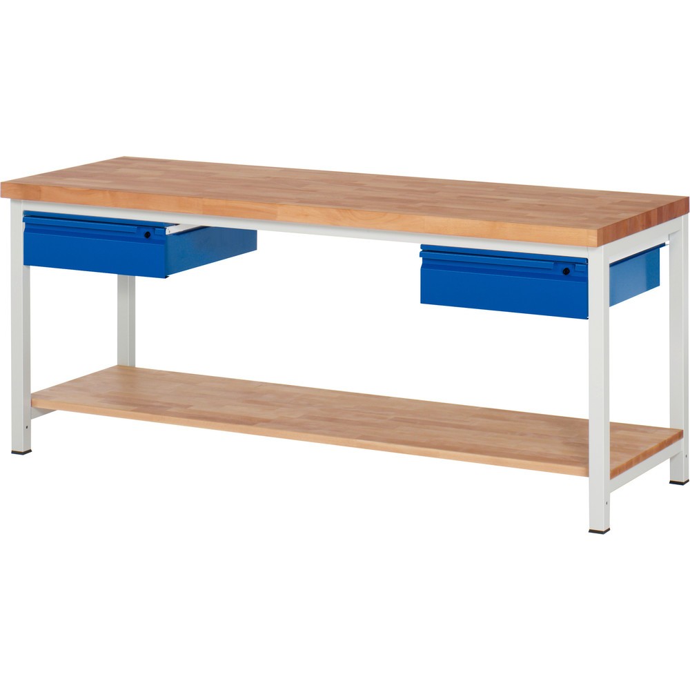 Produktabbildung Nr. 1: RAU Werkbank Serie 8000, Buche-Massiv-Arbeitsplatte, Stärke 40 mm, HxBxT 840 x 2.000 x 700 mm, 2 Schubladen, 1 Ablageboden Tiefe 557 mm