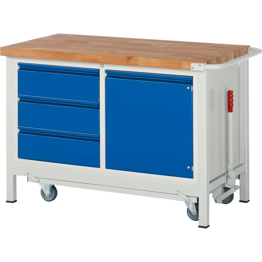 Produktabbildung Nr. 1: RAU Werkbank Serie 8000 mit absenkbarem Fahrgestell, 1 Doppel-Container, HxBxT 880 x 1.250 x 700 mm, 1 Flügeltür, 3 x 90%-Auszug-Schubladen, integrierte Griffleiste