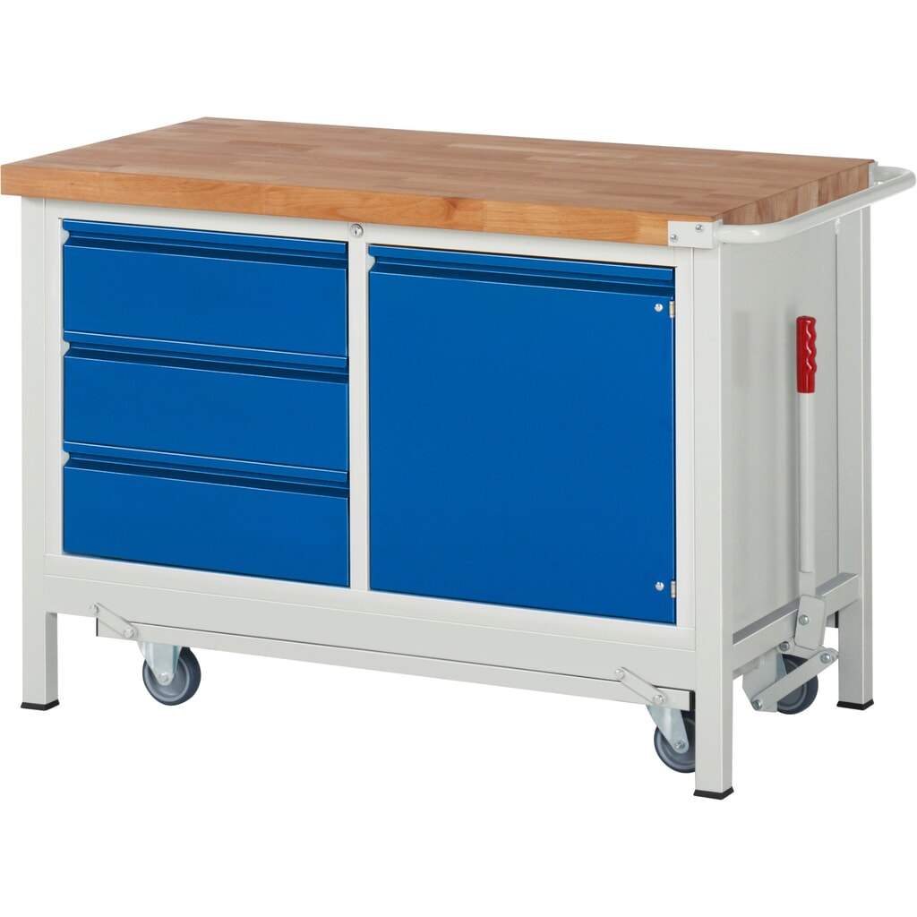 Produktabbildung: RAU Werkbank Serie 8000 mit absenkbarem Fahrgestell, 1 Doppel-Container, HxBxT 880 x 1.250 x 700 mm, 1 Flügeltür, 3 x 90%-Auszug-Schubladen, integrierte Griffleiste