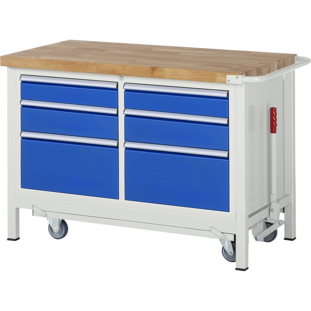 Produktabbildung: RAU Werkbank Serie 8000 mit absenkbarem Fahrgestell, 1 Doppel-Container, HxBxT 880 x 1.250 x 700 mm, 6 x 90%-Auszug-Schubladen 2 x 120 mm, 2 x 150 mm, 2 x 270 mm