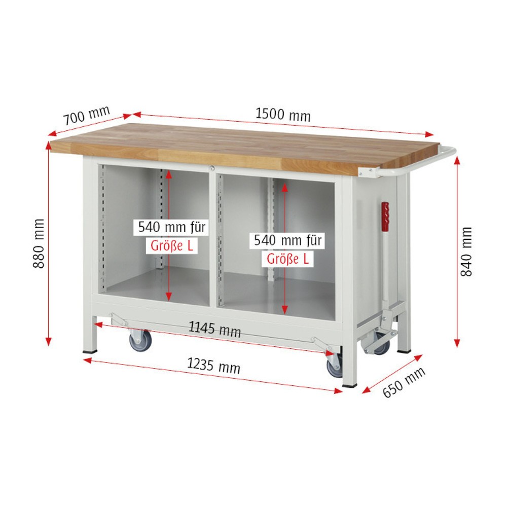 Produktabbildung Nr. 7: RAU Werkbank Serie 8000 mit absenkbarem Fahrgestell, 1 Doppel-Container, HxBxT 880 x 1.500 x 700 mm, 4 x 100%-Auszug-Schubladen, 1 Flügeltür, 1 Fachboden