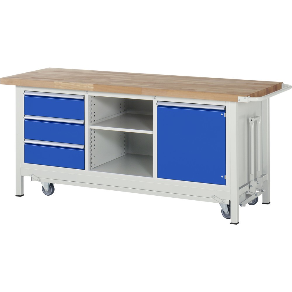 Produktabbildung: RAU Werkbank Serie 8000 mit absenkbarem Fahrgestell, 1 Dreifach-Container, HxBxT 880 x 2.000 x 700 mm, 1 Flügeltür, 1 Fachboden, 3 x 90%-Auszug-Schubladen, ErgoScript