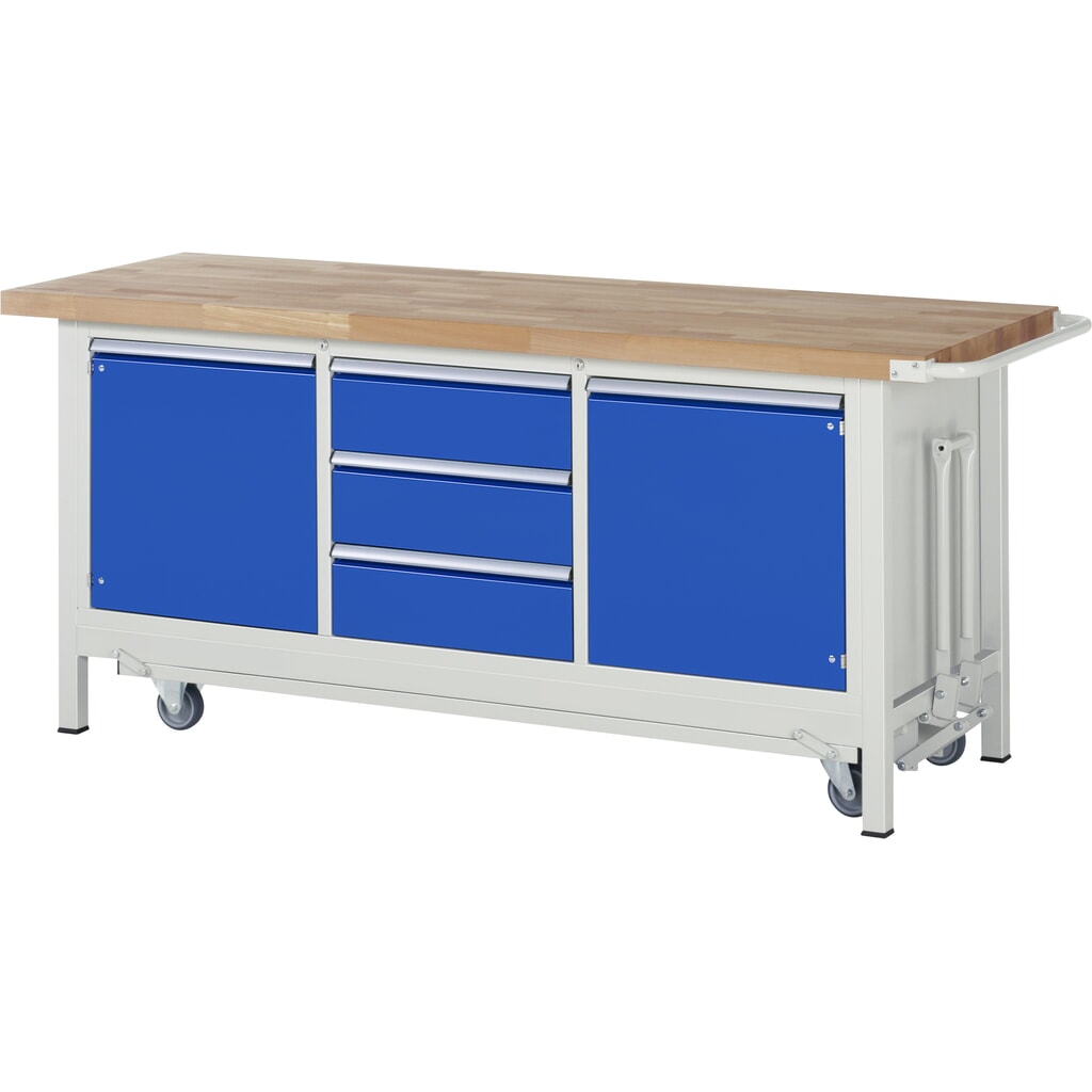 RAU Werkbank Serie 8000 mit absenkbarem Fahrgestell, 1 Dreifach-Container, HxBxT 880 x 2.000 x 700 mm, 2 Flügeltüren, 3 x 90%-Auszug-Schubladen, ErgoScript Produktabbildung: RAU Werkbank Serie 8000 mit absenkbarem Fahrgestell, 1 Dreifach-Container, HxBxT 880 x 2.000 x 700 mm, 2 Flügeltüren, 3 x 90%-Auszug-Schubladen, ErgoScript