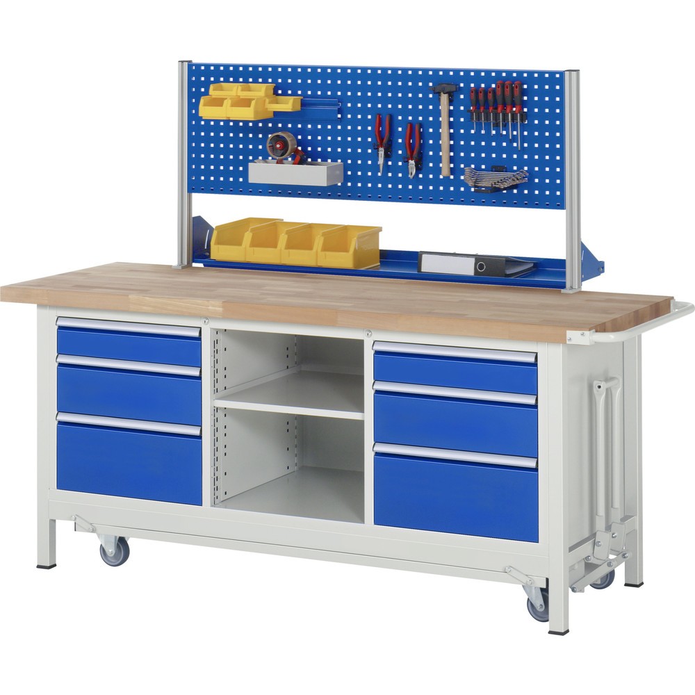 Produktabbildung Nr. 6: RAU Werkbank Serie 8000 mit absenkbarem Fahrgestell, 1 Dreifach-Container, HxBxT 880 x 2.000 x 700 mm, 6 x 100%-Auszug-Schubladen 2 x 120 mm, 2 x 150 mm, 2 x 270 mm, 1 Fachboden
