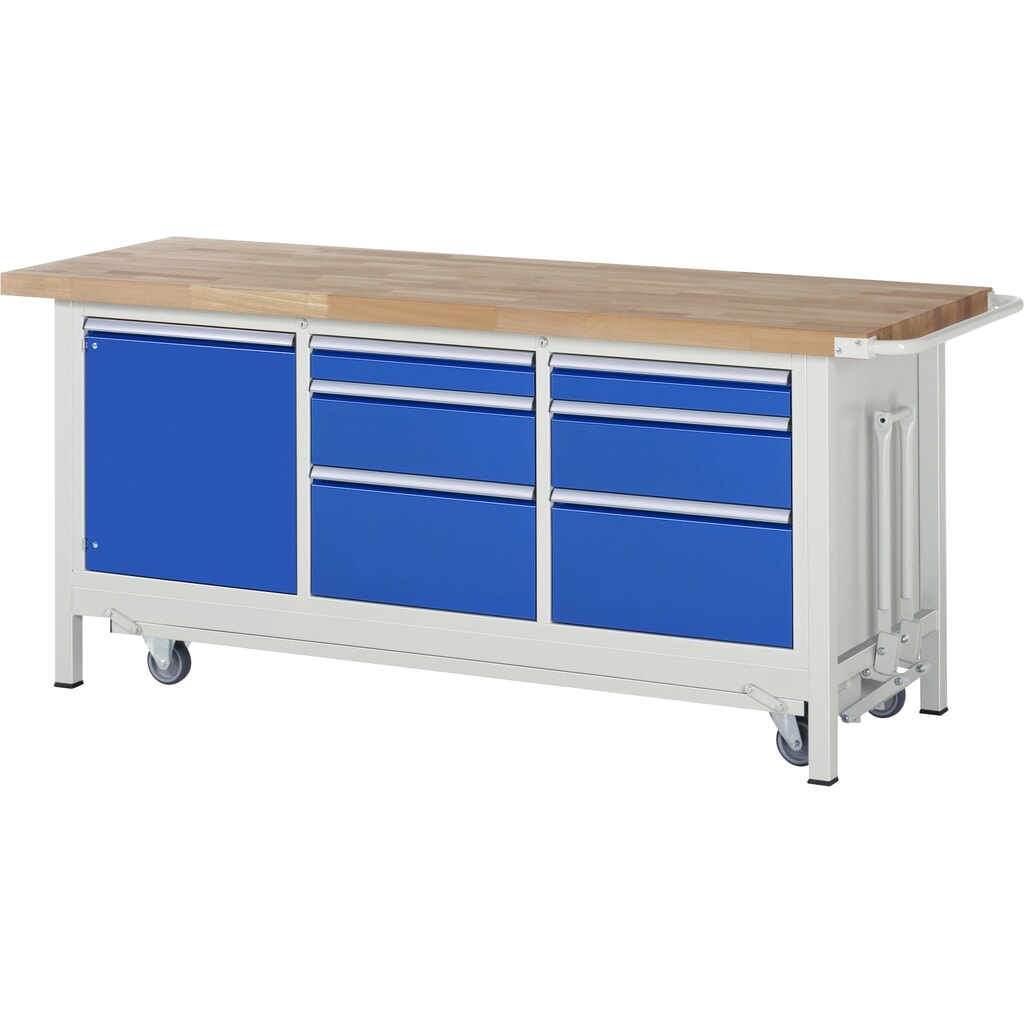 RAU Werkbank Serie 8000 mit absenkbarem Fahrgestell, 1 Dreifach-Container, HxBxT 880 x 2.000 x 700 mm, 6 Schubladen, 1 Flügeltür Produktabbildung: RAU Werkbank Serie 8000 mit absenkbarem Fahrgestell, 1 Dreifach-Container, HxBxT 880 x 2.000 x 700 mm, 6 Schubladen, 1 Flügeltür