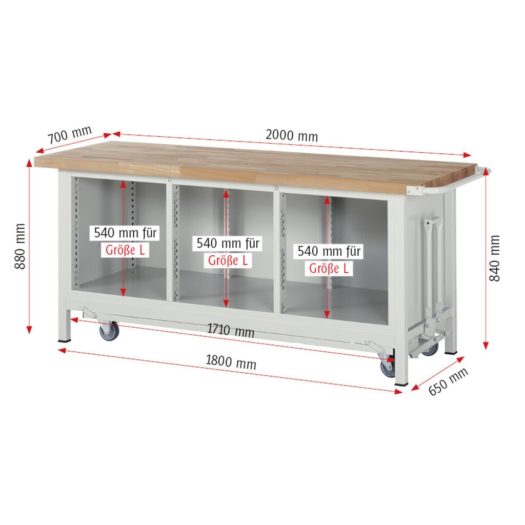 RAU Werkbank Serie 8000 mit absenkbarem Fahrgestell, 1 Dreifach-Container, HxBxT 880 x 2.000 x 700 mm, 4 x 100%-Auszug-Schubladen, 2 Fachböden Produktabbildung Nr. 9: RAU Werkbank Serie 8000 mit absenkbarem Fahrgestell, 1 Dreifach-Container, HxBxT 880 x 2.000 x 700 mm, 4 x 100%-Auszug-Schubladen, 2 Fachböden