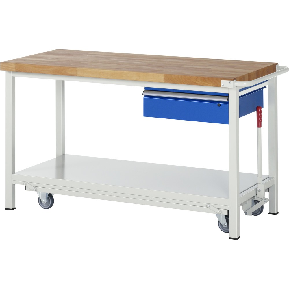 Produktabbildung Nr. 1: RAU Werkbank Serie 8000 mit absenkbarem Fahrgestell, HxBxT 880 x 1.500 x 700 mm, Ablageboden, 1 Schublade, ErgoScript®