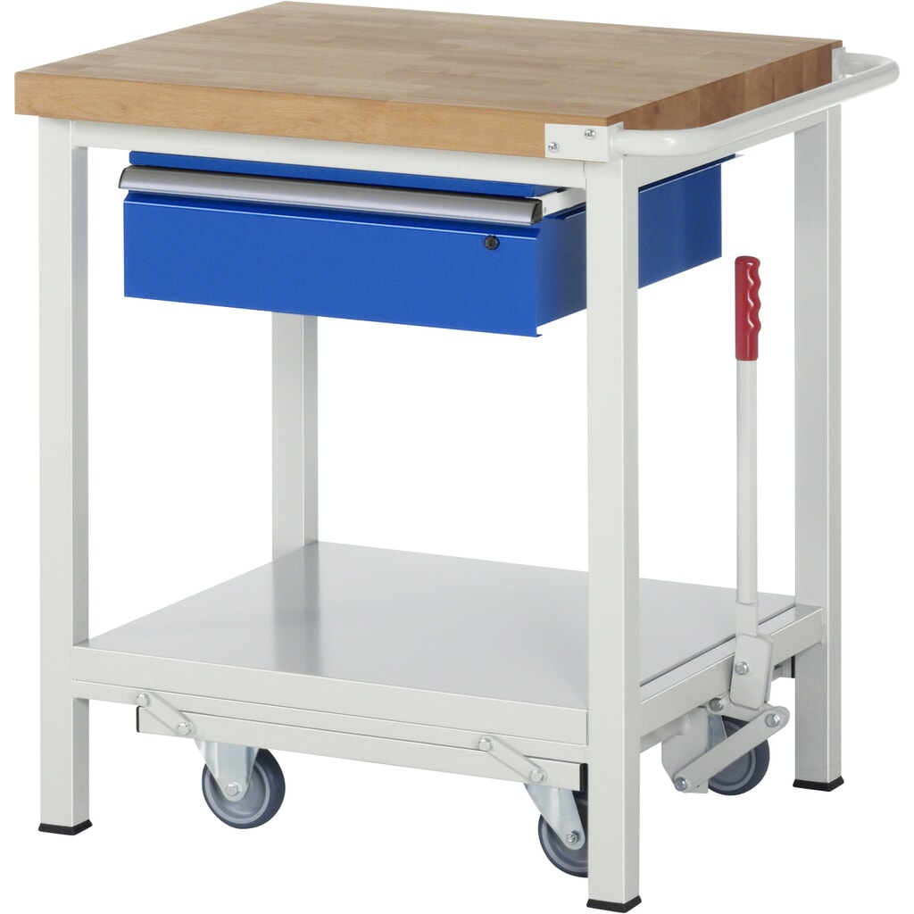 RAU Werkbank Serie 8000 mit absenkbarem Fahrgestell, HxBxT 880 x 750 x 700 mm, Ablageboden, 1 Schublade, ErgoScript® Produktabbildung: RAU Werkbank Serie 8000 mit absenkbarem Fahrgestell, HxBxT 880 x 750 x 700 mm, Ablageboden, 1 Schublade, ErgoScript®