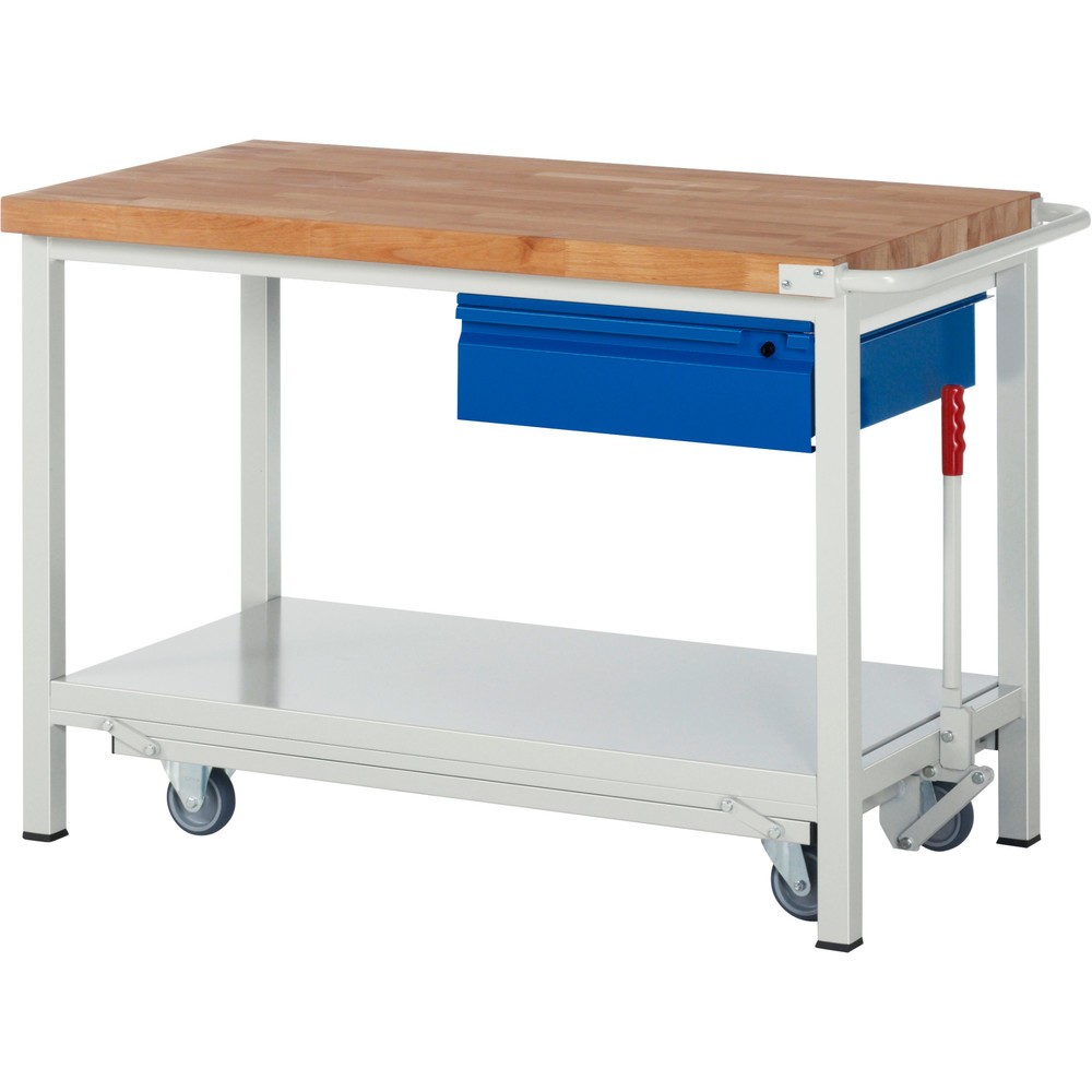 Produktabbildung Nr. 1: RAU Werkbank Serie 8000 mit absenkbarem Fahrgestell, HxBxT 880 x 1.250 x 700 mm, Ablageboden, 1 Schublade, integrierte Griffleiste