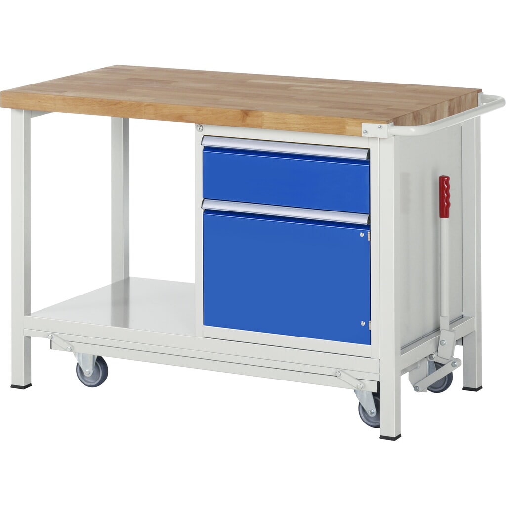 RAU Werkbank Serie 8000 mit absenkbarem Fahrgestell, 1 Container, 1 Ablageboden, HxBxT 880 x 1.500 x 700 mm, 1 x 90%-Auszug-Schubladen, 1 Flügeltür, ErgoScript Produktabbildung: RAU Werkbank Serie 8000 mit absenkbarem Fahrgestell, 1 Container, 1 Ablageboden, HxBxT 880 x 1.500 x 700 mm, 1 x 90%-Auszug-Schubladen, 1 Flügeltür, ErgoScript