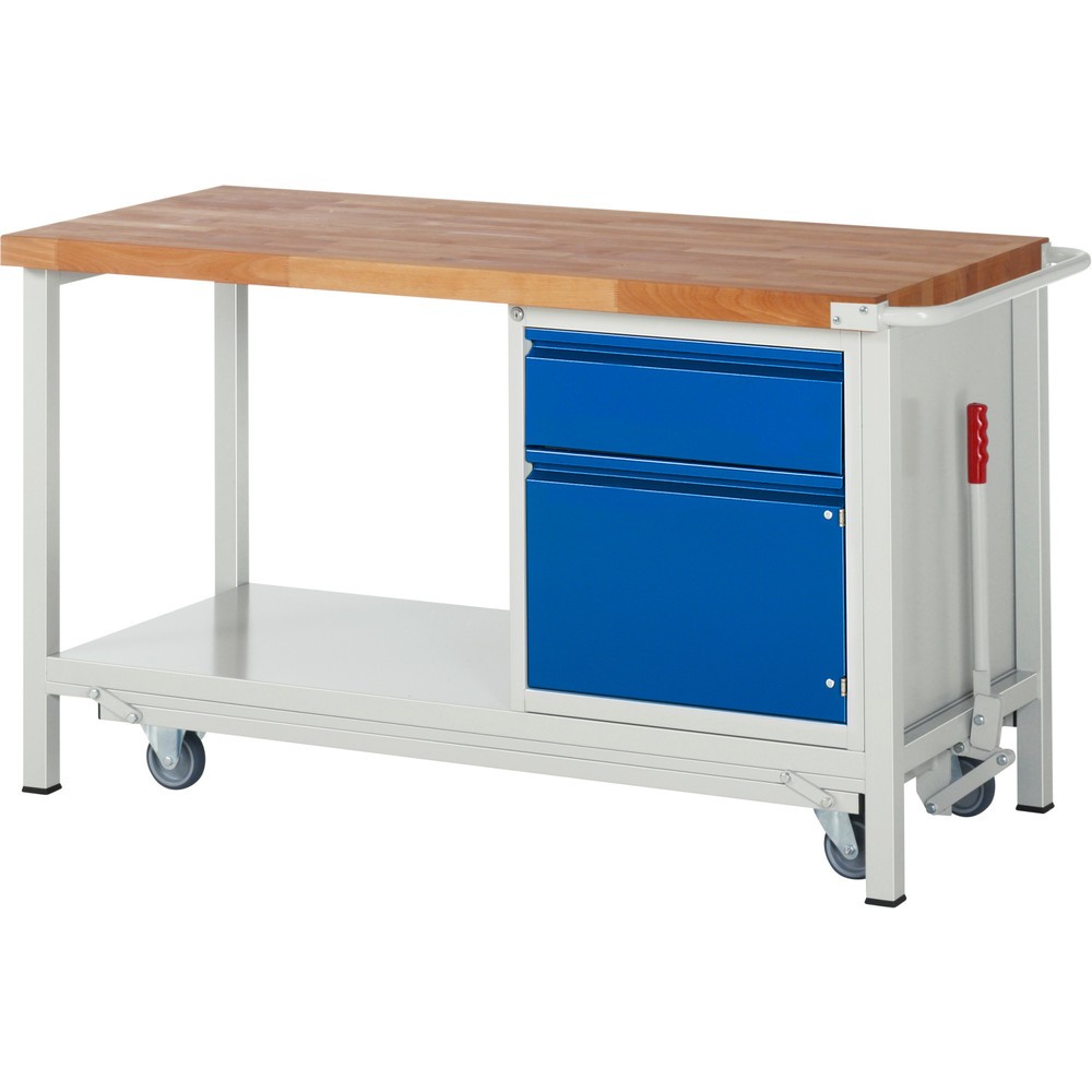 Produktabbildung Nr. 1: RAU Werkbank Serie 8000 mit absenkbarem Fahrgestell, 1 Container, 1 Ablageboden, HxBxT 880 x 1.500 x 700 mm, 1 x 90%-Auszug-Schubladen, 1 Flügeltür, Griffleiste