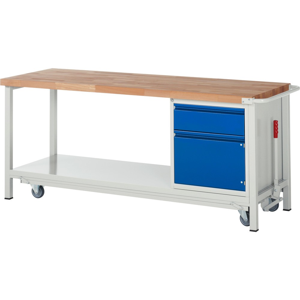 Produktabbildung Nr. 1: RAU Werkbank Serie 8000 mit absenkbarem Fahrgestell, 1 Container, 1 Ablageboden, HxBxT 880 x 2.000 x 700 mm, 1 x 90%-Auszug-Schubladen, 1 Flügeltür, Griffleiste