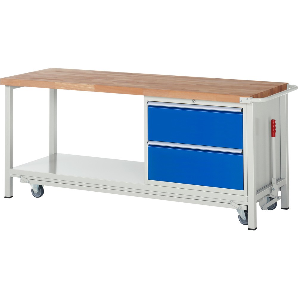 Produktabbildung Nr. 1: RAU Werkbank Serie 8000 mit absenkbarem Fahrgestell, 1 Container, 1 Ablageboden, HxBxT 880 x 2.000 x 700 mm, 2 x 90%-Auszug-Schubladen
