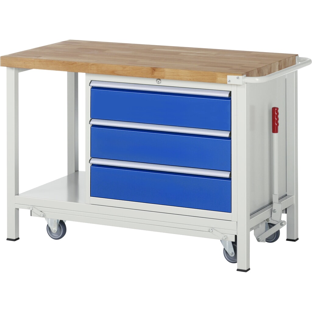 RAU Werkbank Serie 8000 mit absenkbarem Fahrgestell, 1 Container, 1 Ablageboden, HxBxT 880 x 1.250 x 700 mm, 3 x 90%-Auszug-Schubladen, Breite 680 mm, ErgoScript Produktabbildung: RAU Werkbank Serie 8000 mit absenkbarem Fahrgestell, 1 Container, 1 Ablageboden, HxBxT 880 x 1.250 x 700 mm, 3 x 90%-Auszug-Schubladen, Breite 680 mm, ErgoScript