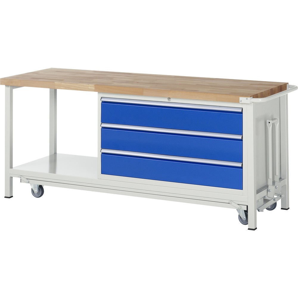 Produktabbildung: RAU Werkbank Serie 8000 mit absenkbarem Fahrgestell, 1 Container, HxBxT 880 x 2.000 x 700 mm, 3 x 90%-Auszug-Schubladen, Breite 1.055 mm, ErgoScript