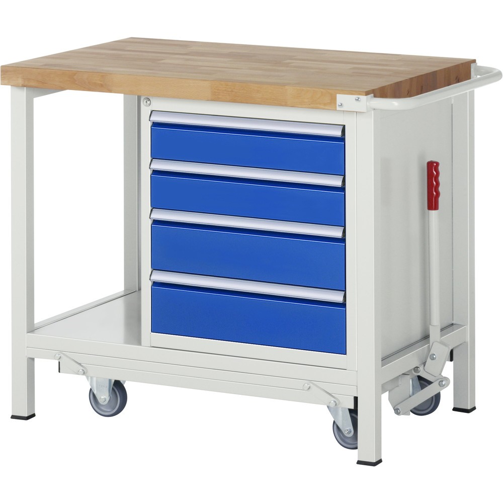 Produktabbildung: RAU Werkbank Serie 8000 mit absenkbarem Fahrgestell, 1 Container, 1 Ablageboden, HxBxT 880 x 1.000 x 700 mm, 4 x 90%-Auszug-Schubladen, Breite 490 mm