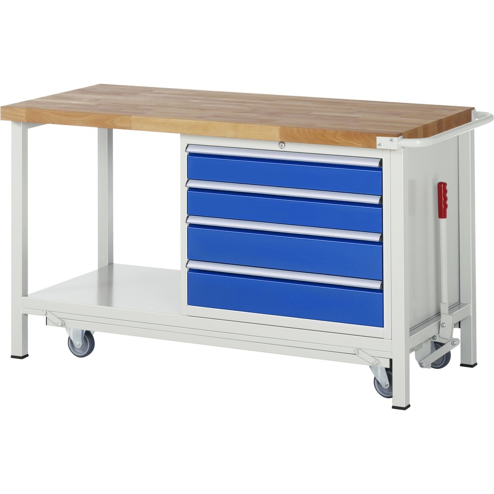 Produktabbildung: RAU Werkbank Serie 8000 mit absenkbarem Fahrgestell, 1 Container, 1 Ablageboden, HxBxT 880 x 1.500 x 700 mm, 4 x 90%-Auszug-Schubladen, Breite 680 mm