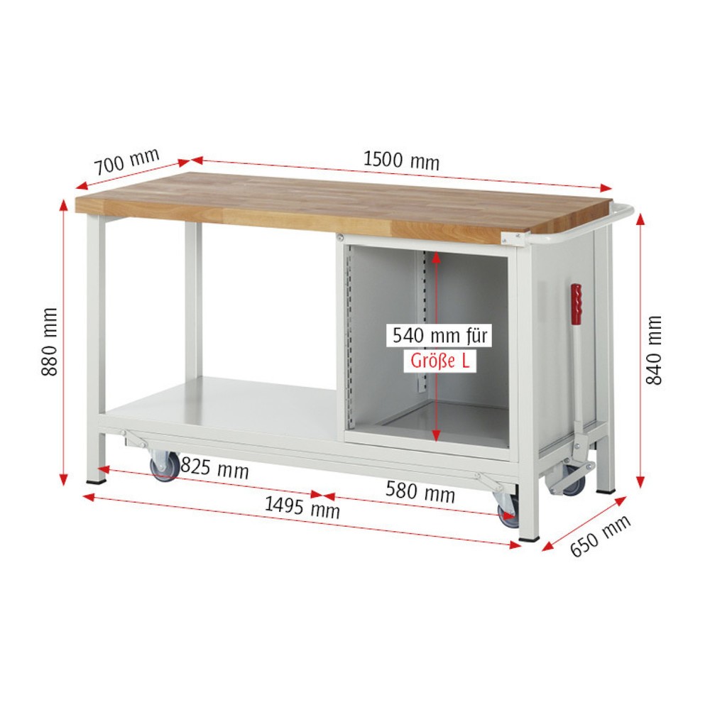 Produktabbildung Nr. 6: RAU Werkbank Serie 8000 mit absenkbarem Fahrgestell, 1 Container, 1 Ablageboden, HxBxT 880 x 1.500 x 700 mm, 5 x 100%-Auszug-Schubladen, Breite 490 mm