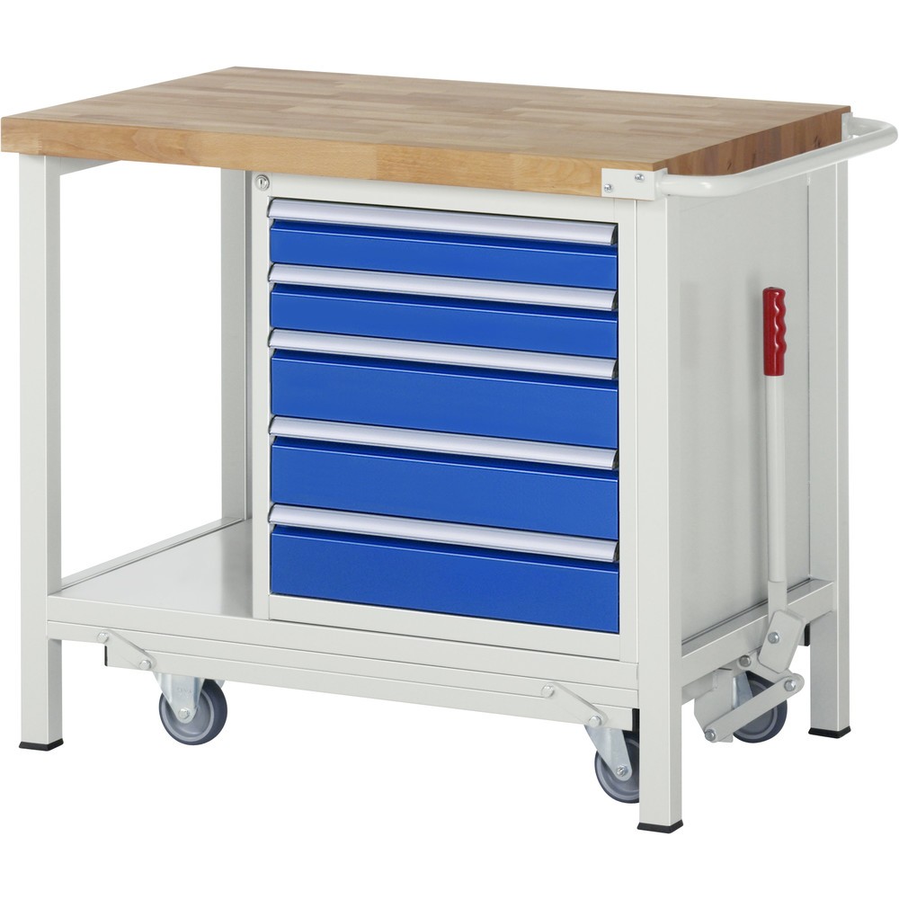 Produktabbildung: RAU Werkbank Serie 8000 mit absenkbarem Fahrgestell, 1 Container, 1 Ablageboden, HxBxT 880 x 1.000 x 700 mm, 5 x 100%-Auszug-Schubladen, Breite 490 mm