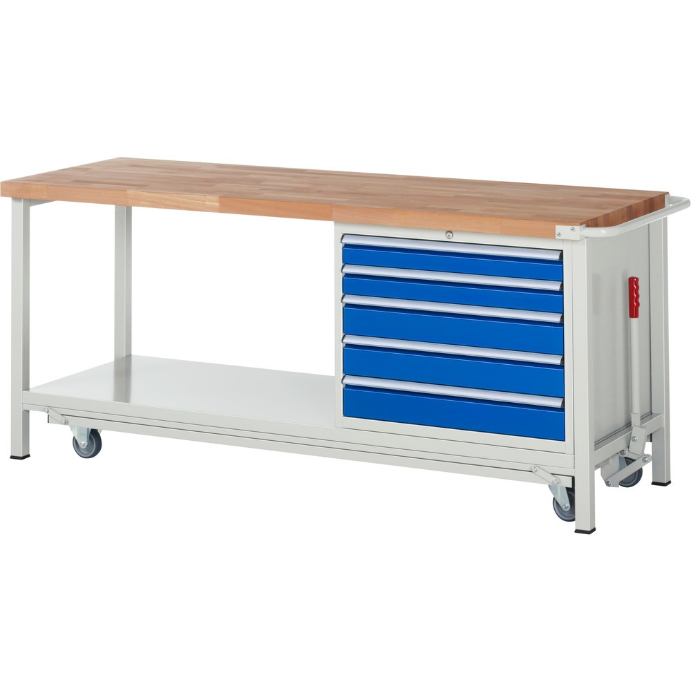 Produktabbildung Nr. 1: RAU Werkbank Serie 8000 mit absenkbarem Fahrgestell, 1 Container, 1 Ablageboden, HxBxT 880 x 2.000 x 700 mm, 5 x 90%-Auszug-Schubladen, Breite 680 mm