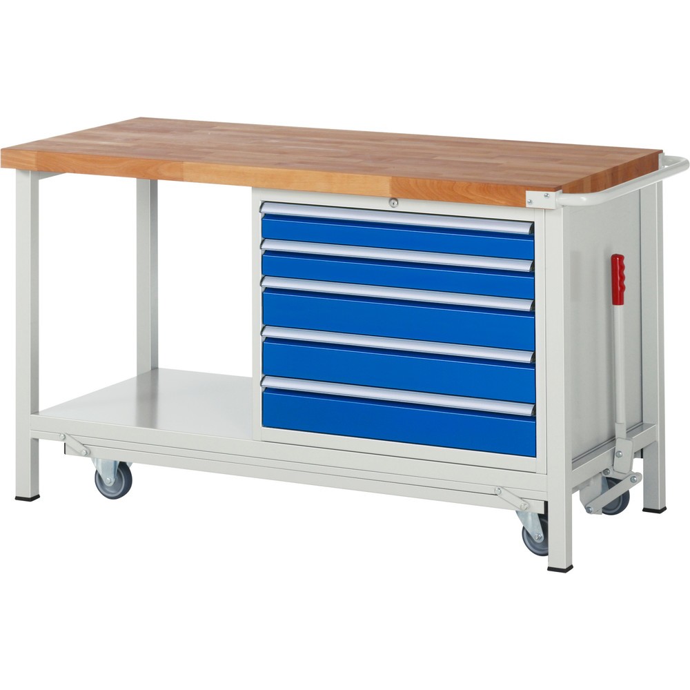 Produktabbildung Nr. 1: RAU Werkbank Serie 8000 mit absenkbarem Fahrgestell, 1 Container, 1 Ablageboden, HxBxT 880 x 1.500 x 700 mm, 5 x 100%-Auszug-Schubladen, Breite 680 mm