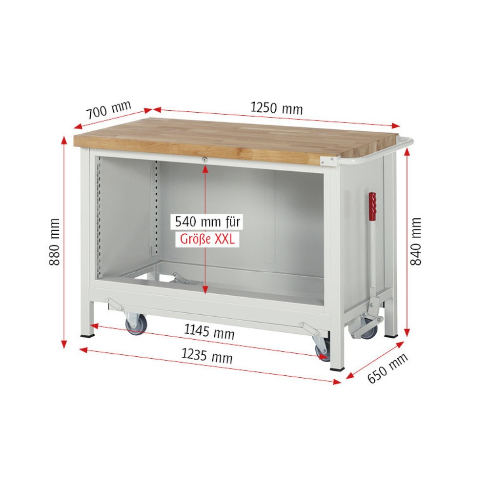 Produktabbildung Nr. 6: RAU Werkbank Serie 8000 mit absenkbarem Fahrgestell, 1 Container, HxBxT 880 x 1.250 x 700 mm, 3 x 100%-Auszug-Schubladen, Breite 1.055 mm, ErgoScript