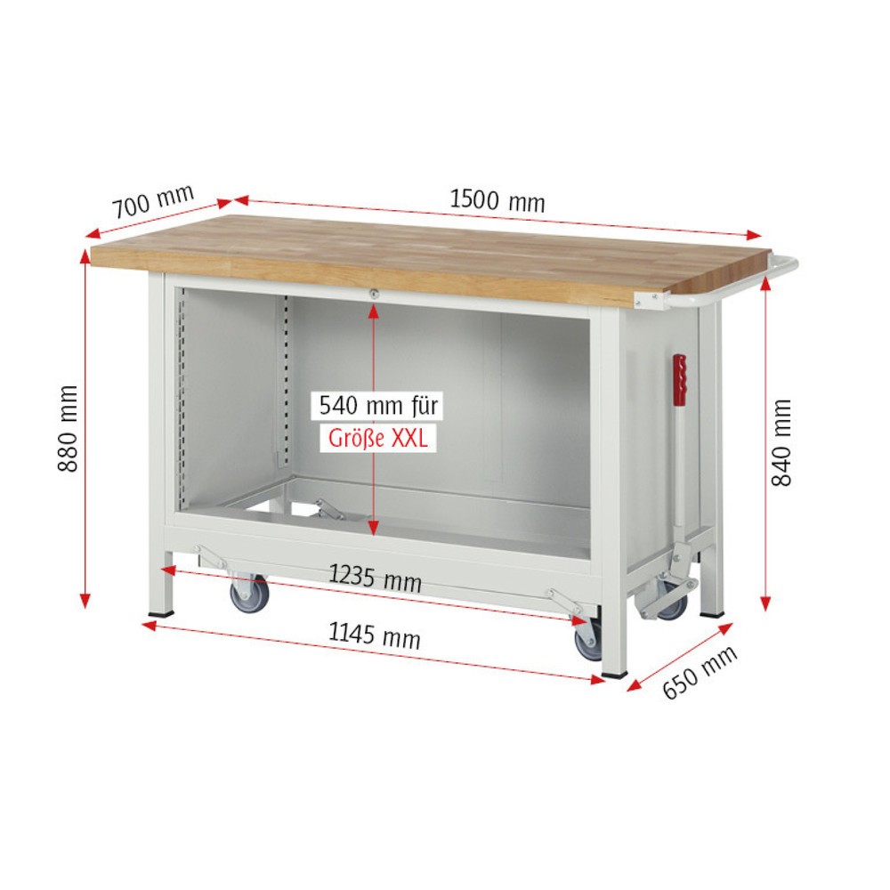 Produktabbildung Nr. 6: RAU Werkbank Serie 8000 mit absenkbarem Fahrgestell, 1 Container, HxBxT 880 x 1.500 x 700 mm, 5 x 100%-Auszug-Schubladen, Breite 1.055 mm