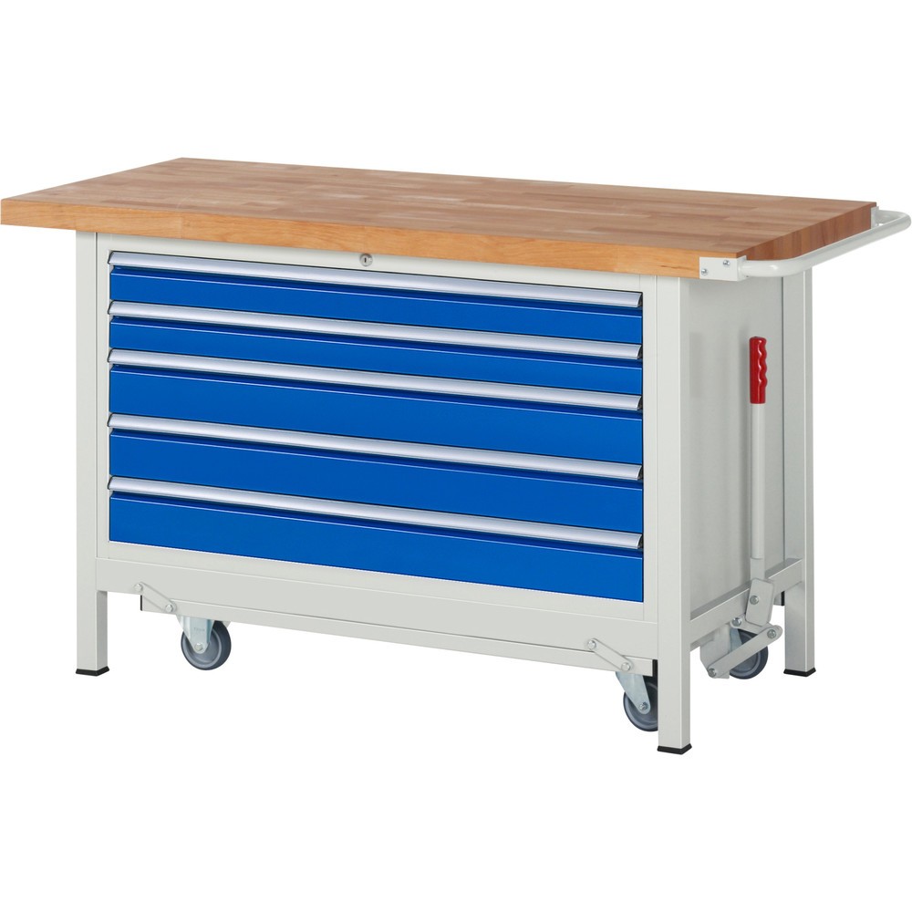 Produktabbildung Nr. 1: RAU Werkbank Serie 8000 mit absenkbarem Fahrgestell, 1 Container, HxBxT 880 x 1.500 x 700 mm, 5 x 100%-Auszug-Schubladen, Breite 1.055 mm