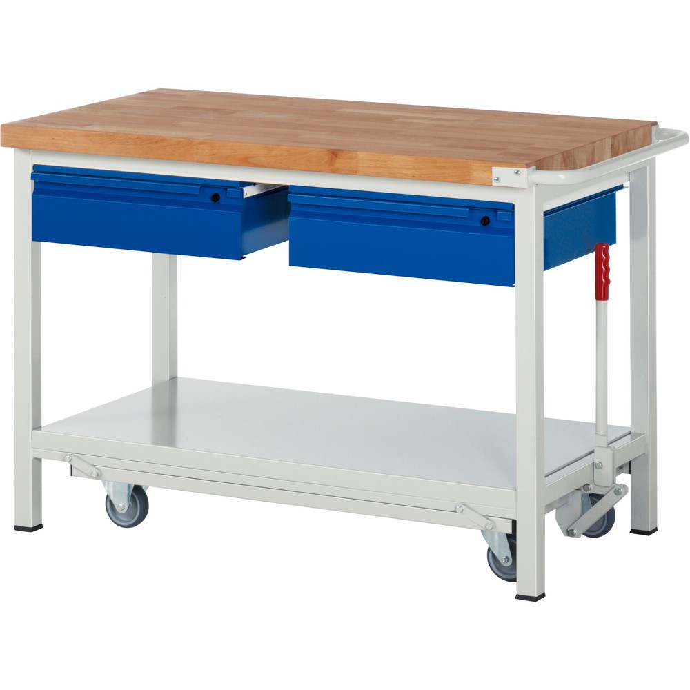 Produktabbildung: RAU Werkbank Serie 8000 mit absenkbarem Fahrgestell, 2 Schubladen, 1 Ablageboden, HxBxT 880 x 1.250 x 700 mm, 2 Schubladen
