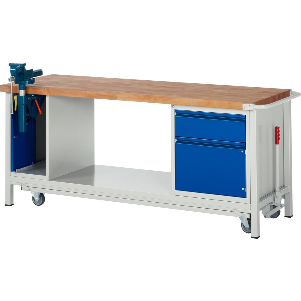 Produktabbildung: RAU Werkbank Serie 8000 mit absenkbarem Fahrgestell, 2 Container, 1 Ablageboden, HxBxT 880 x 2.000 x 700 mm, 1 x 90%-Auszug-Schubladen, 1 Flügeltür, Schraubstock, Griffleiste