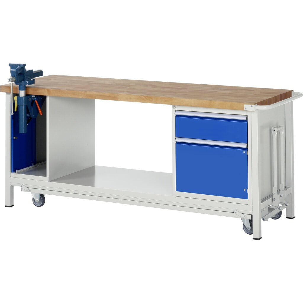 RAU Werkbank Serie 8000 mit absenkbarem Fahrgestell, 2 Container, 1 Ablageboden, HxBxT 880 x 2.000 x 700 mm, 1 Schubladen Produktabbildung: RAU Werkbank Serie 8000 mit absenkbarem Fahrgestell, 2 Container, 1 Ablageboden, HxBxT 880 x 2.000 x 700 mm, 1 Schubladen