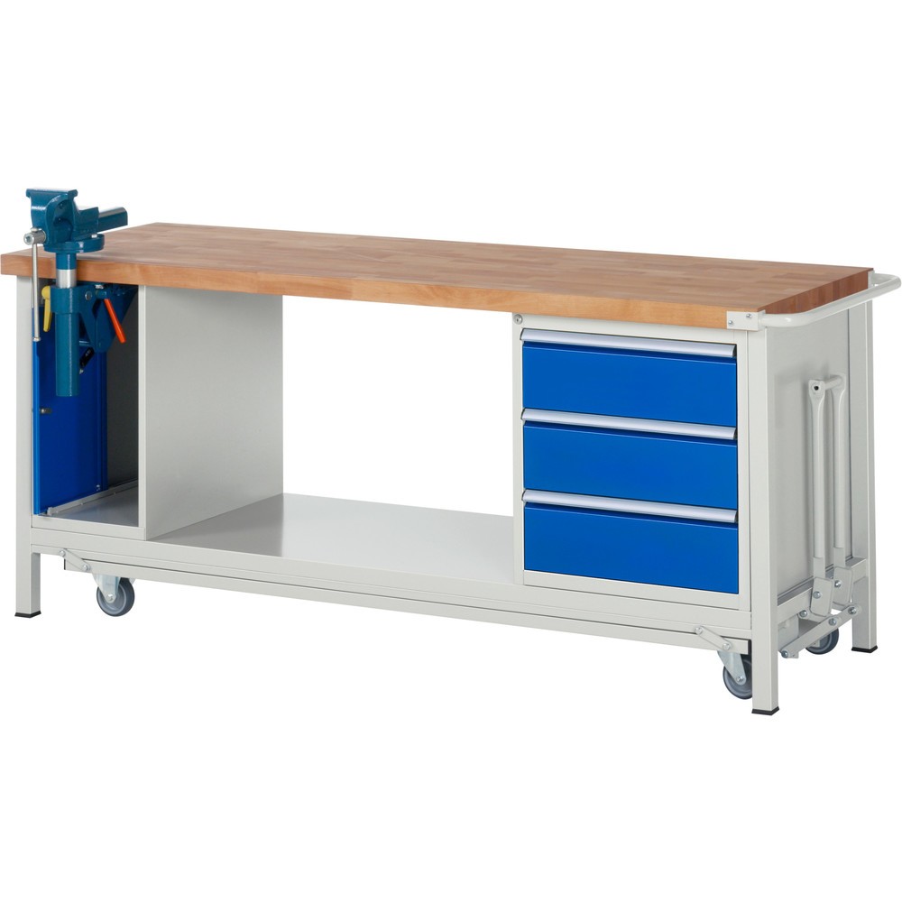 Produktabbildung: RAU Werkbank Serie 8000 mit absenkbarem Fahrgestell, 2 Container, 1 Ablageboden, HxBxT 880 x 2.000 x 700 mm, 3 x 90%-Auszug-Schubladen, ErgoScript®