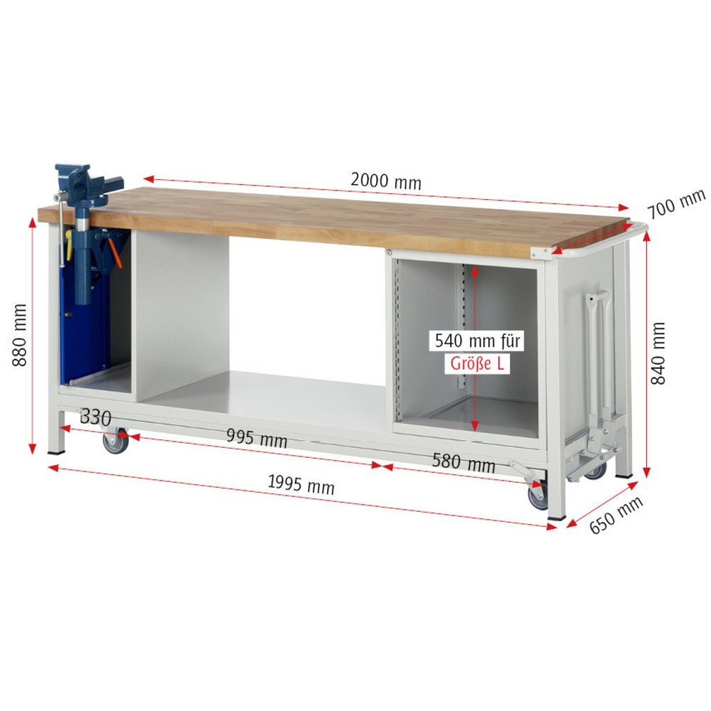 Produktabbildung Nr. 12: RAU Werkbank Serie 8000 mit absenkbarem Fahrgestell, 2 Container, 1 Ablageboden, HxBxT 880 x 2.000 x 700 mm, 1 Schubladen