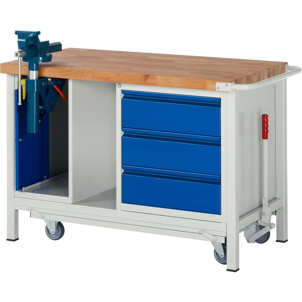 RAU Werkbank Serie 8000 mit absenkbarem Fahrgestell, 2 Container, 1 Ablageboden, HxBxT 880 x 1.250 x 700 mm, 3 x 90%-Auszug-Schubladen, integrierte Griffleiste Produktabbildung: RAU Werkbank Serie 8000 mit absenkbarem Fahrgestell, 2 Container, 1 Ablageboden, HxBxT 880 x 1.250 x 700 mm, 3 x 90%-Auszug-Schubladen, integrierte Griffleiste