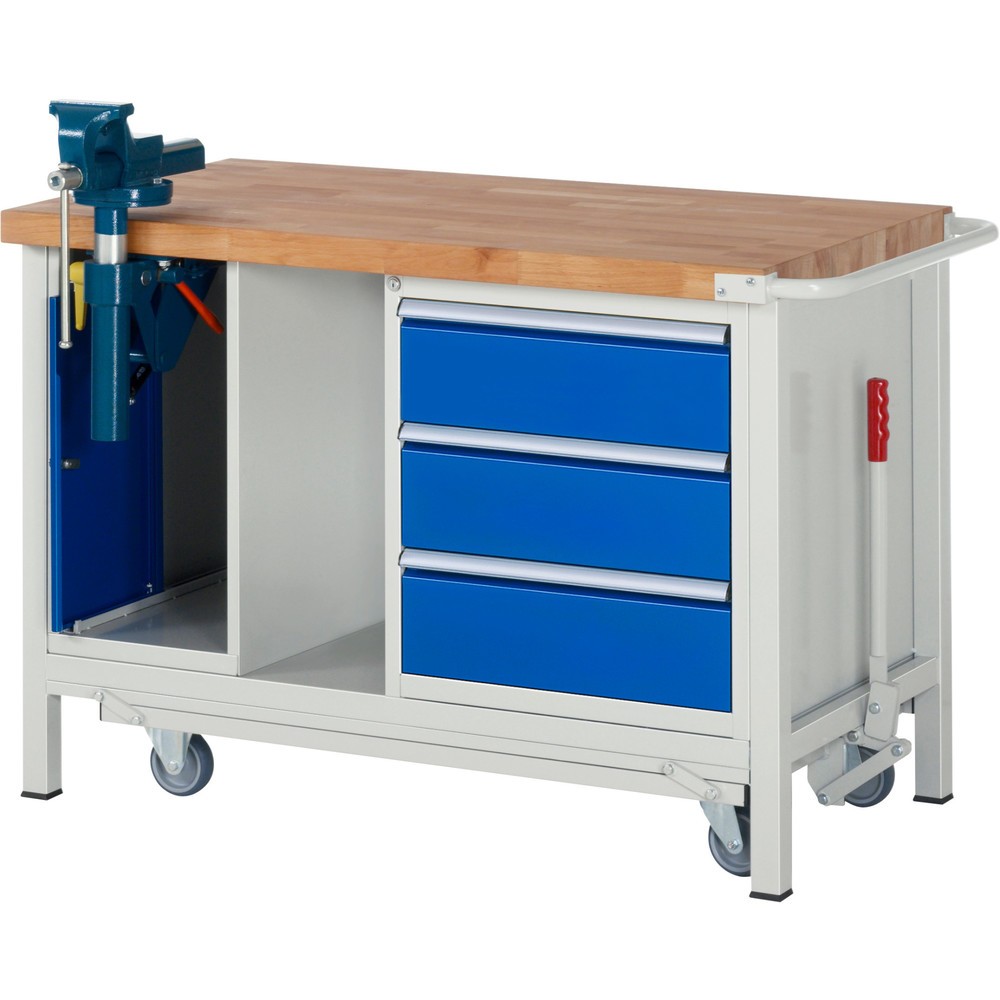 Produktabbildung: RAU Werkbank Serie 8000 mit absenkbarem Fahrgestell, 2 Container, 1 Ablageboden, HxBxT 880 x 1.250 x 700 mm, 3 x 100%-Auszug-Schubladen, ErgoScript®